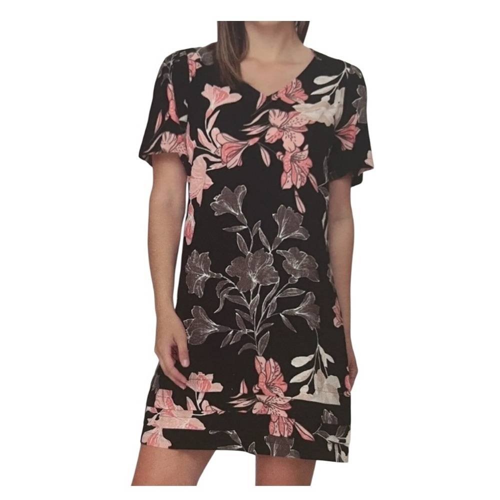 NWT! Nicole Miller Dark Floral Linen-Blend Short-Sleeve Dress. Size Small.